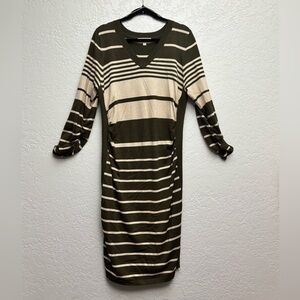 Pink Rose Olive and Cream Striped Long Sleeve Dress